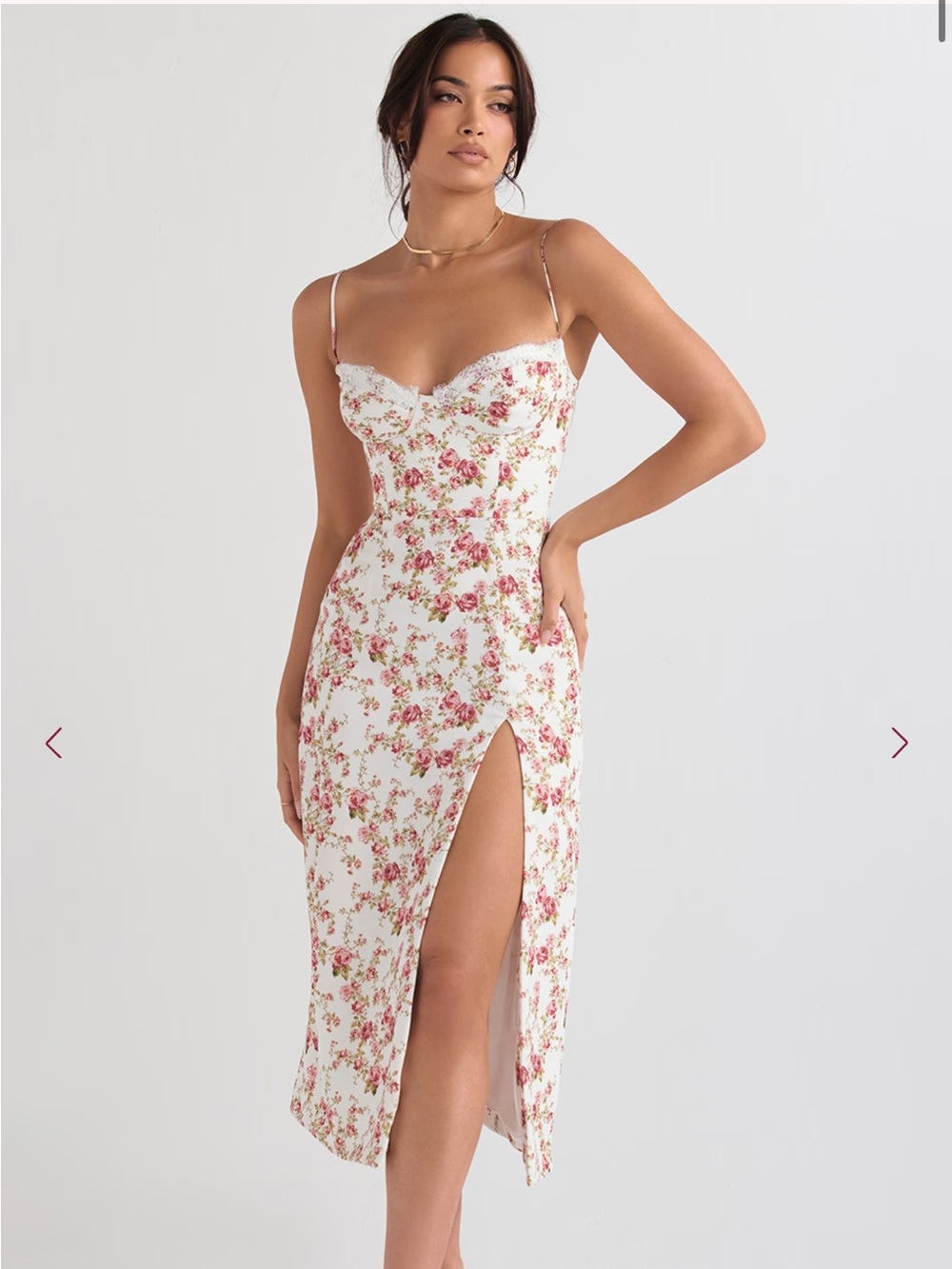 House of CB White Floral Midi Dress with Pink Roses - Picture 2 of 11